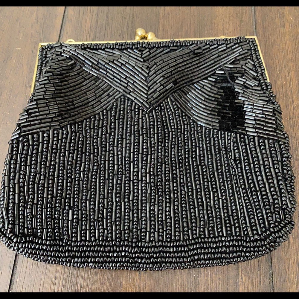 VINTAGE MAGID BEADED CLUTCH PURSE BLACK EVENING BAG 80s